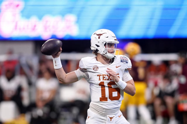 Jan 1, 2025; Atlanta, GA, USA; Texas Longhorns quarterback Arch Manning (16) warms up before the Peach Bowl at Mercedes-Benz Stadium. Mandatory Credit: Brett Davis-Imagn Images/File Photo