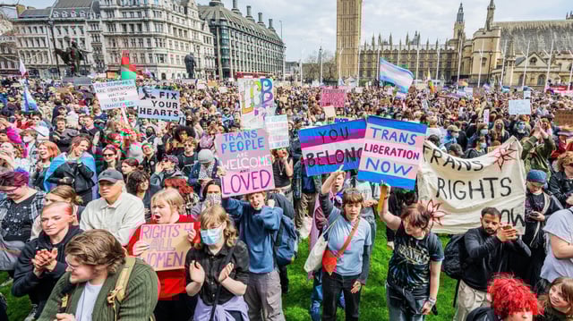 A trans rights protest in Parliament Square on April 19 in response to the Supreme Court ruling