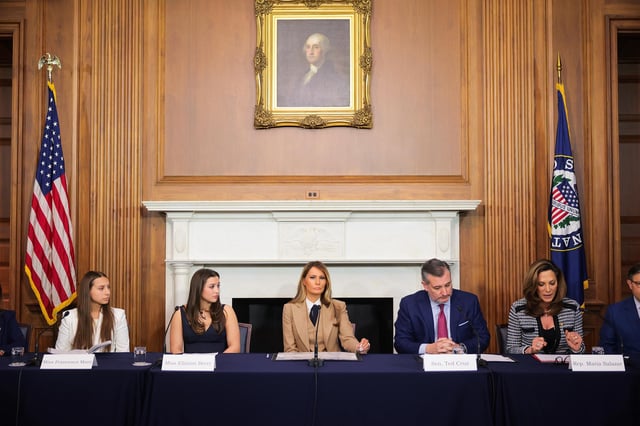 First lady Melania Trump and others speak during a roundtable discussion on the "Take It Down Act,” legislation aimed at criminalizing AI-generated deepfake pornography.