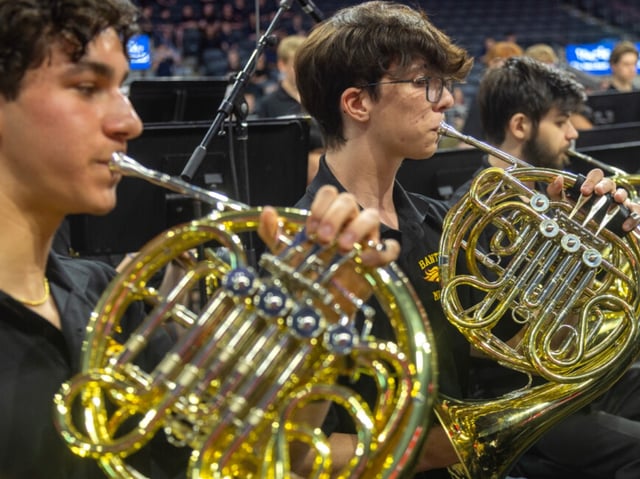  The French horn section of the senior band at Banting secondary school performs.