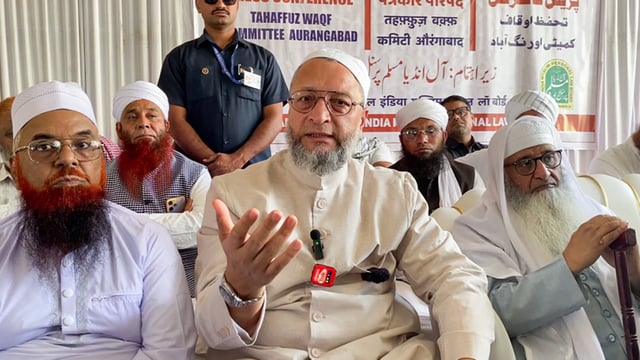 All India Majlis-e-Ittehadul Muslimeen (AIMIM) MP Asaduddin Owaisi addresses a press conference, in Chhatrapati Sambhajinagar on Monday.