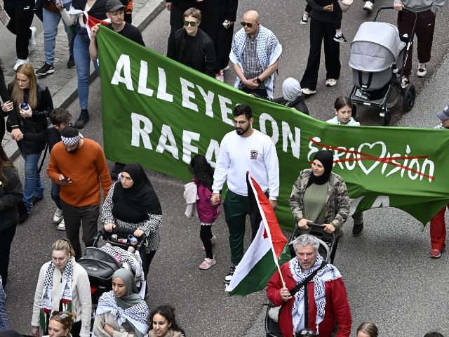 People gather for a rally in Malmo, Sweden, in protest against Israel's participation in the 68th edition of the Eurovision Song Contest (ESC) on May 9, 2024. (Johan NILSSON / TT NEWS AGENCY / AFP via Getty)