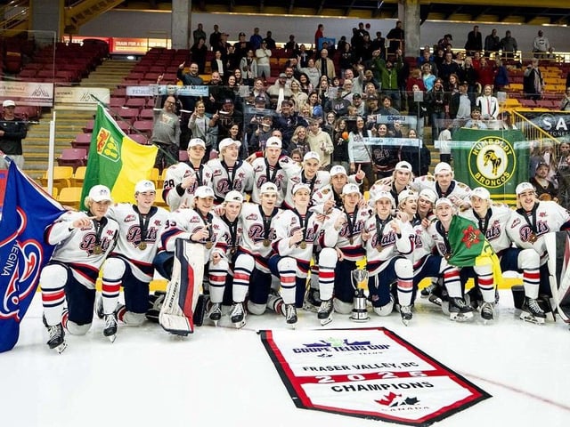 The Regina Pat Canadians celebrate after winning the 2025 Telus Cup.