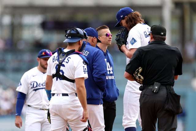 LOS ANGELES, CALIFORNIA - APRIL 27: Tyler Glasnow #31 of the Los Angeles Dodgers is relieved from the game against the Pittsburgh Pirates during the second inning at Dodger Stadium on April 27, 2025 in Los Angeles, California.