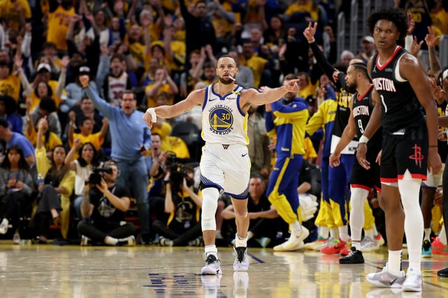 Stephen Curry #30 of the Golden State Warriors reacts after making a three point basket during the third quarter in Game Three of the Western Conference First Round NBA Playoffs against the Houston Rockets at Chase Center on April 26, 2025 in San Francisco, California. Photo by Ezra Shaw/Getty Images