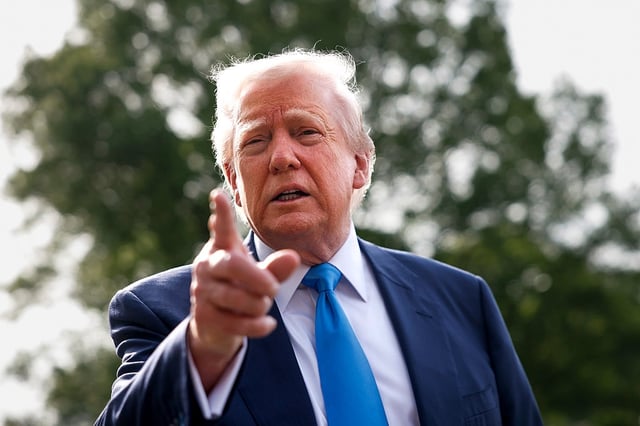 U.S. President Donald Trump speaks to the media as he departs the White House on April 25, 2025, in Washington, D.C.