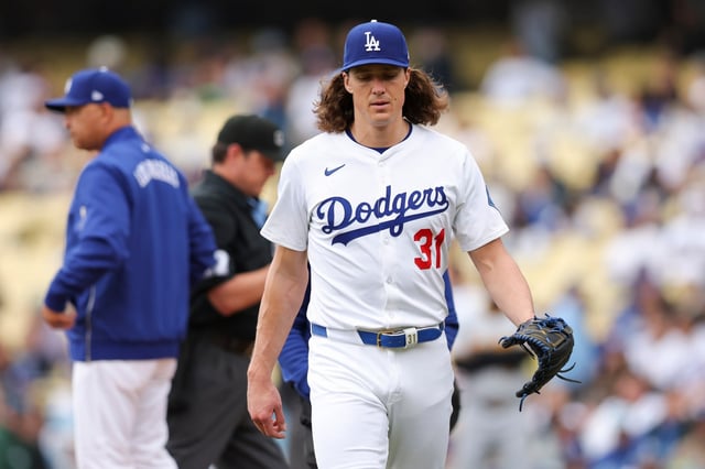 Dodgers starting pitcher Tyler Glasnow walks off the field during the second inning of their  game against the Pittsburgh Pirates on Sunday afternoon at Dodger Stadium. On Monday, Glasnow went on the injured list with shoulder inflammation. (AP Photo/Jessie Alcheh)