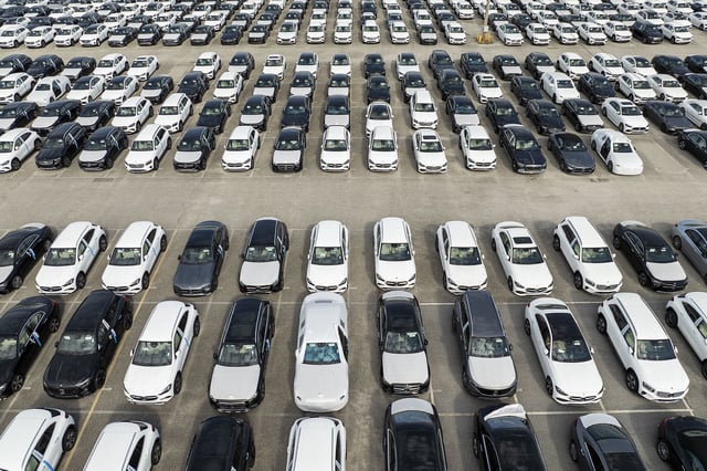 New vehicles are parked on the pier at the Mercedes Benz Vehicle Preparation Center in Baltimore, Maryland, on March 31, 2025.