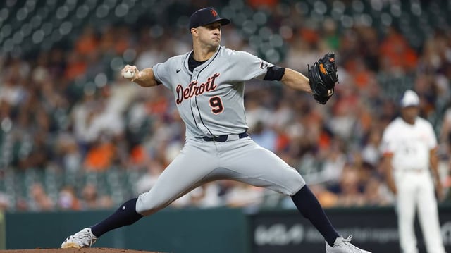 Jack Flaherty #9 of the Detroit Tigers pitches in the first inning against the Houston Astros at Daikin Park on April 28, 2025, in Houston, Texas. (Tim Warner/Getty Images/TNS)