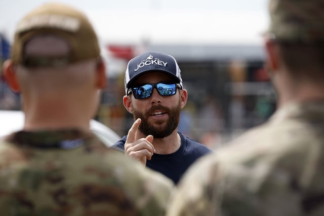 NASCAR Cup Series driver, Ross Chastain, speaks to US Air Force services members prior to the NASCAR Cup Series Jack Link&#39;s 500 at Talladega Superspeedway on April 27, 2025 in Talladega, Alabama.