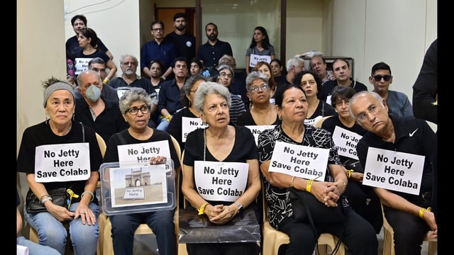 Mumbai, India - April 5, 2025: Residents of Colaba gathered to oppose proposed construction of a passenger/VVIP jetty between the Radio Club, near Gateway Of India in Mumbai, India, on Saturday, April 5, 2025. (Photo by Anshuman Poyrekar/ Hindustan Times) (Hindustan Times)