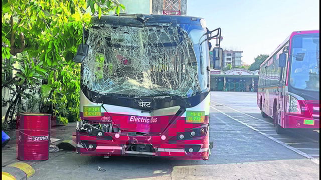 Mumbai, India - June 03, 2023: One person identified as Balaram Vithhal Bagwe, 49, died after a BEST Bus collided with a Chalo Bus at Badhwar Park, is seen parked at Backbay Bus Depot, Cuffe Parade, in Mumbai, India, on Saturday, June 03, 2023. (Photo by Bhushan Koyande/HT Photo) (HT PHOTO)