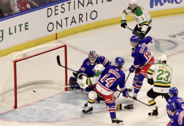 Kitchener, Ont. - Landon Sim celebrates a first period goal in a 3-2 London Knights victory over the Kitchener Rangers in Game 3 of the Western Conference Championship series on Apr. 28, 2025.