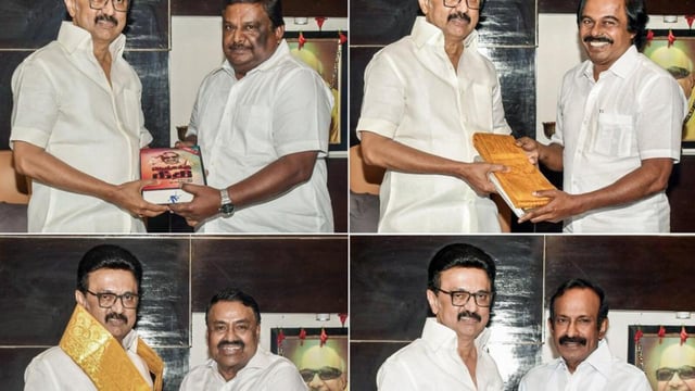 Tamil Nadu Chief Minister MK Stalin meets State Ministers, SS Sivasankar, Mano Thangaraj, Raja Kannappan and S Muthusamy, in Chennai on Monday. (ANI Photo) (ANI)