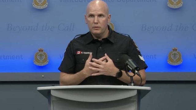 Sgt. Steve Addison, media relations officer for the Vancouver Police Department, updates reporters during a Monday press conference on Saturday's vehicle-ramming attack that killed 11 people. Screen capture courtesy of Vancouver Police Department/YouTube