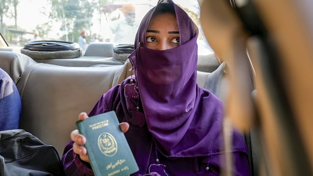 Asma, a Pakistani national married in India and who was on a visit to her home country, speaks to the media upon returning to India, after NORI (No Obligation to Return to India) visas were issued to 70 Pakistani citizens to cross over to India, at the Attari-Wagah Integrated Check-Post near Amritsar, on April 28, 2025. 