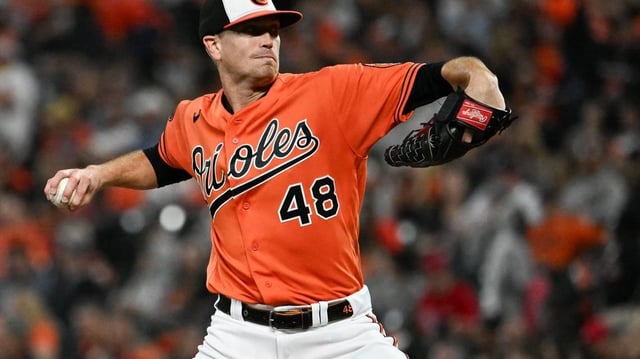 Sep 30, 2023; Baltimore, Maryland, USA;  Baltimore Orioles starting pitcher Kyle Gibson (48) throws a first inning pitch against the Boston Red Sox  at Oriole Park at Camden Yards. Mandatory Credit: Tommy Gilligan-Imagn Images