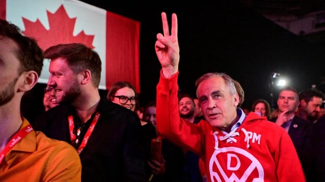Canada's Prime Minister Mark Carney gestures during an event at the Liberal Party election night headquarters in Ottawa, Ontario, on Tuesday. (REUTERS)