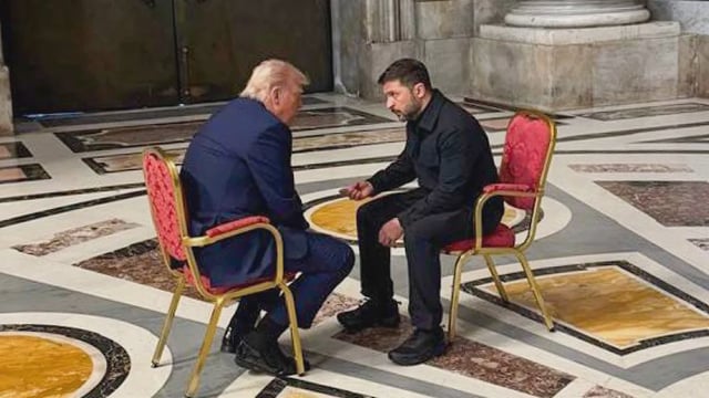 Vatican City: US President Donald Trump with Ukrainian President Volodymyr Zelenskyy during their meeting at St. Peter’s Basilica in Vatican City (Photo: IANS)