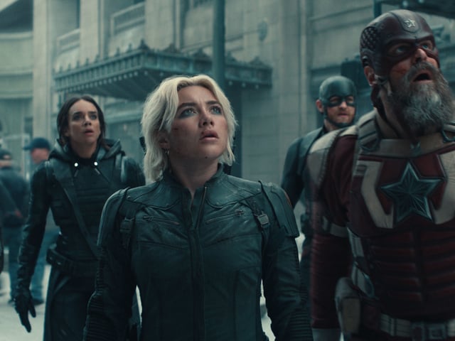(L-R) Bucky Barnes (Sebastian Stan) Ghost (Hannah John-Kamen) Yelena Belova (Florence Pugh) John Walker (Wyatt Russell) and Red Guardian/Alexei Shostakov (David Harbour) in Marvel Studios' THUNDERBOLTS*. Photo courtesy of Studios. © 2024 MARVEL. - FTP CLARIN OAB_TRL3_Still_UHD__1.1.26_R.jpeg Z FClarin Fotoclarin