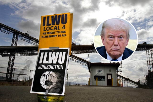 Two ILWU signs stand at the entrance to EGT Development during a strike at the Port of Longview in Longview, Wash, Sept. 15, 2011. U.S. President Donald Trump talks to reporters during a meeting with Norway&#39;s Prime Minister Jonas Gahr Store in the Oval Office at the White House on April 24, 2025 in Washington, DC.