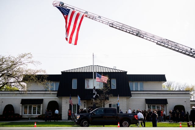 Members of the Chicago Fire Department, the Chicago Police Department, family, friends and members of the community attend a wake , on April 28, 2025, at Malec &amp; Sons Funeral Home for Capt. David Meyer, who died last week after responding to a West Side garage fire. Meyer was fatally injured when the garage collapsed after the fire was out. (Armando L. Sanchez/Chicago Tribune)
