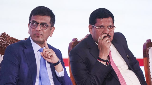 In this file image, former CJI DY Chandrachud and Supreme Court Justice BR Gavai are seen at the ground breaking ceremony of the proposed new High court complex, in Mumbai.
