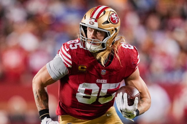 FILE - San Francisco 49ers tight end George Kittle carries the ball during the second half of an NFL football game against the Detroit Lions, Monday, Dec. 30, 2024, in Santa Clara, Calif.