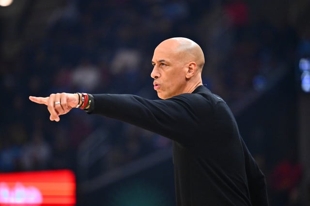 Head coach Doug Christie of the Sacramento Kings reacts during the first quarter against the Cleveland Cavaliers at Rocket Arena on April 06, 2025 in Cleveland, Ohio.