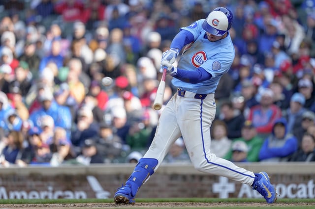 CHICAGO, ILLINOIS - APRIL 25: Kyle Tucker #30 of the Chicago Cubs bats in a game against the Philadelphia Phillies at Wrigley Field on April 25, 2025 in Chicago, Illinois.