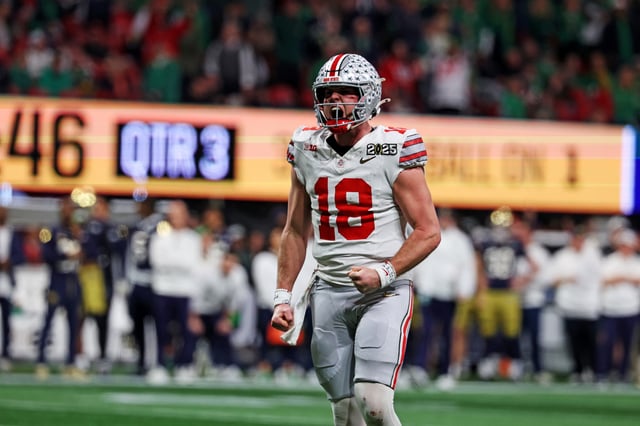 Will Howard #18 of the Ohio State Buckeyes celebrates after a touchdown against the Notre Dame Fighting Irish during the second half during the 2025 CFP National Championship Game at Mercedes-Benz Stadium on January 20, 2025 in Atlanta, Georgia.