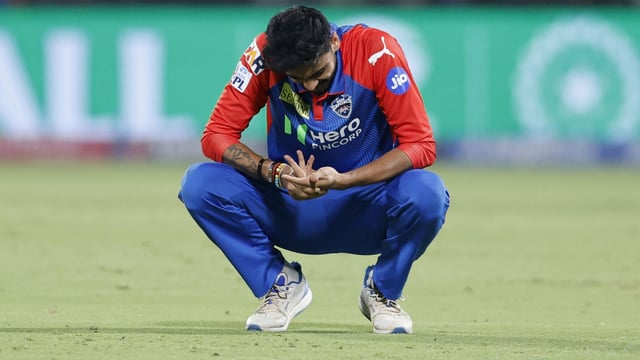 Delhi Capitals' Axar Patel reacts after sustaining an injury during match vs KKR.