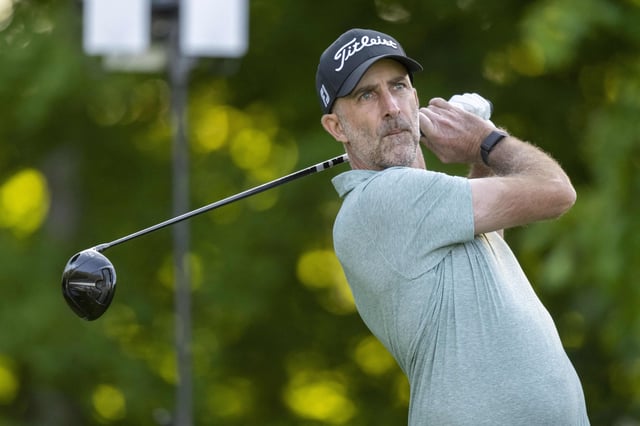 Jul 7, 2023; Silvis, Illinois, USA; Geoff Ogilvy tees off on the second hole during the second round of the John Deere Classic golf tournament. Mandatory Credit: Marc Lebryk-USA TODAY Sports