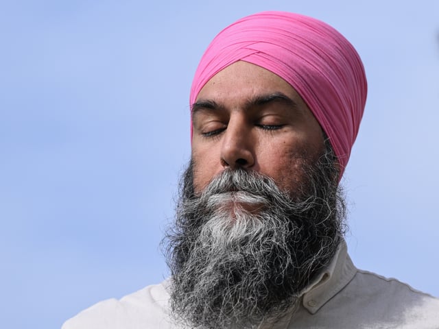 EDMONTON, CANADA APRIL 23: Canada's NDP leader Jagmeet Singh, pictured following his address to reporters outside Annamoe Mansion in Edmonton, Alberta, Canada, on April 23, 2025. Singh emphasized his commitment to tackling housing affordability through national rent control, positioning it as a key priority in his platform. (Artur Widak/NurPhoto via Getty)