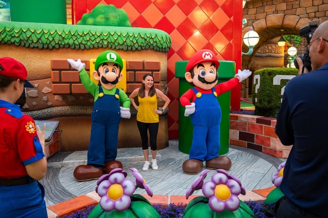 A guest takes advantage of a meet-and-greet with Mario and Luigi in Super Nintendo World at Epic Universe. (Patrick Connolly/Orlando Sentinel)
