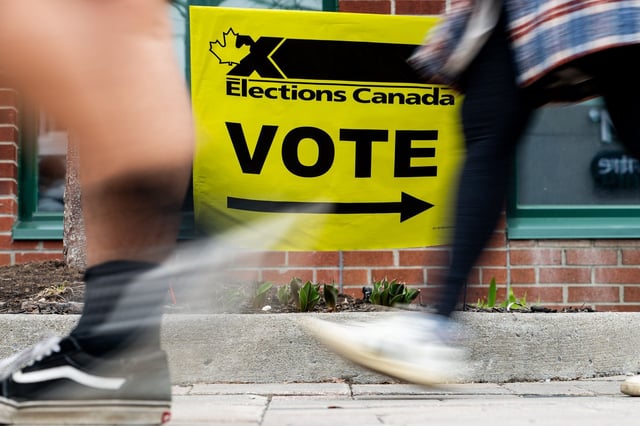 Elections Canada signage is pictured near an advance polling station in Ottawa on Friday, April 18, 2025. THE CANADIAN PRESS/Spencer Colby