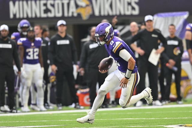 Aug 10, 2024; Minneapolis, Minnesota, USA; Minnesota Vikings quarterback J.J. McCarthy (9) runs the ball during the second quarter against the Las Vegas Raiders at U.S. Bank Stadium. Mandatory Credit: Jeffrey Becker-USA TODAY Sports/File Photo