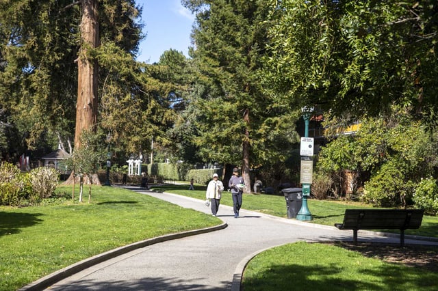 People walk along a path at San Mateo Central Park in San Mateo. Medical experts say the viral “fart walk” after meals can aid digestion, regulate blood sugar and boost overall health.