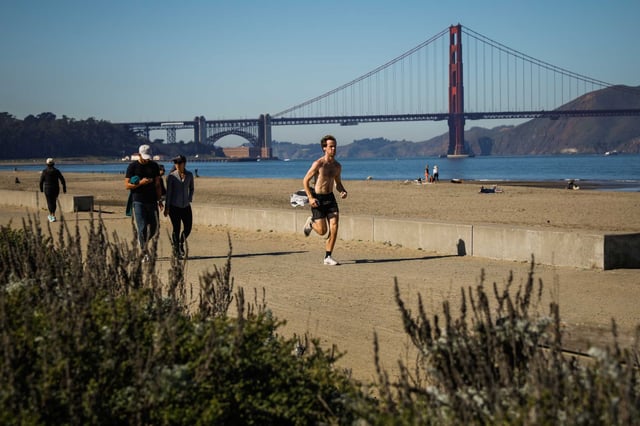 Pedestrians and joggers along a path at Crissy Field in San Francisco. Medical experts say the viral “fart walk” after meals can aid digestion, regulate blood sugar and boost overall health.
