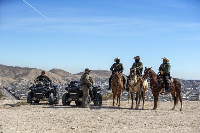 FILE - Border Patrol agents wait for the arrival of Defense Secretary Pete Hegseth for a visit to the US-Mexico border in Sunland Park, N.M., Feb. 3, 2025. (AP Photo/Andres Leighton, FIle)