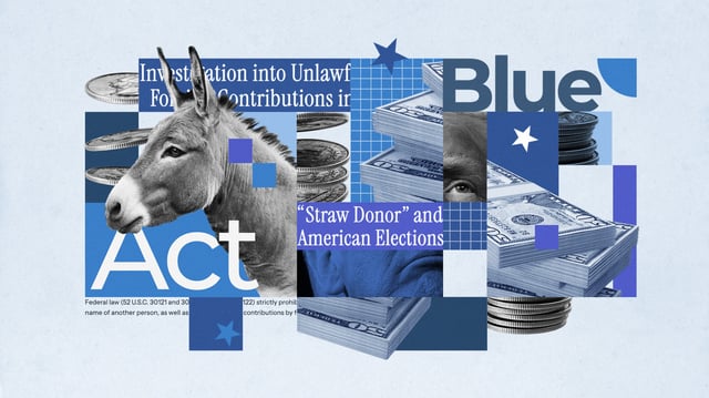 Photo composite illustration of Donald Trump, US dollars, the ActBlue logo and a Democrat donkey