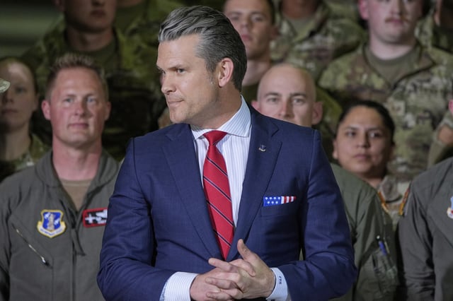 Defense Secretary Pete Hegseth arrives before President Donald Trump speaks to members of the Michigan National Guard at Selfridge Air National Guard Base, Tuesday, April 29, 2025, in Harrison Township, Mich. (AP Photo/Alex Brandon)
