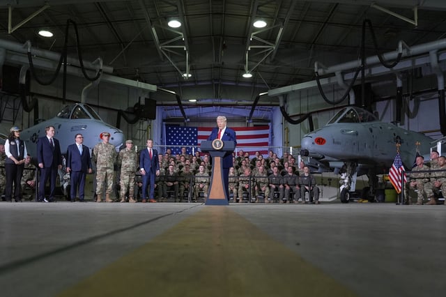 President Donald Trump speaks to members of the Michigan National Guard at Selfridge Air National Guard Base, Tuesday, April 29, 2025, in Harrison Township, Mich. (AP Photo/Alex Brandon)