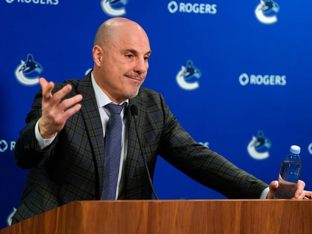 Vancouver Canucks head coach Rick Tocchet speaks to the media after their NHL game against the Vegas Golden Knights at Rogers Arena on April 16.