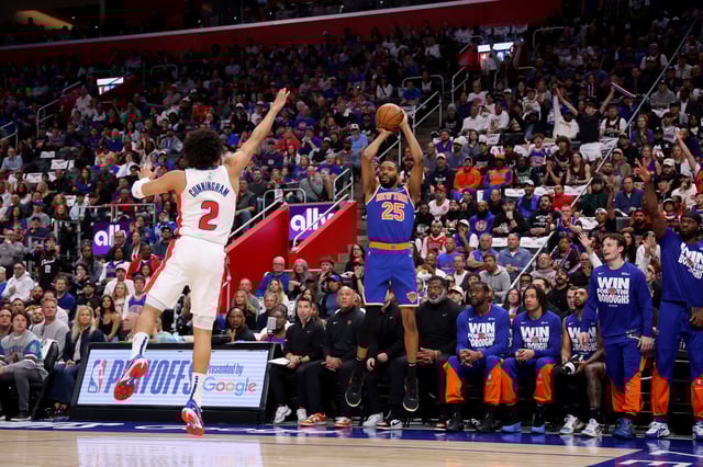 Mikal Bridges #25 of the New York Knicks shoots the ball against Cade Cunningham #2 of the Detroit Pistons in Game Four of the Eastern Conference First Round NBA Playoffs at Little Caesars Arena on April 27, 2025 in Detroit, Michigan.