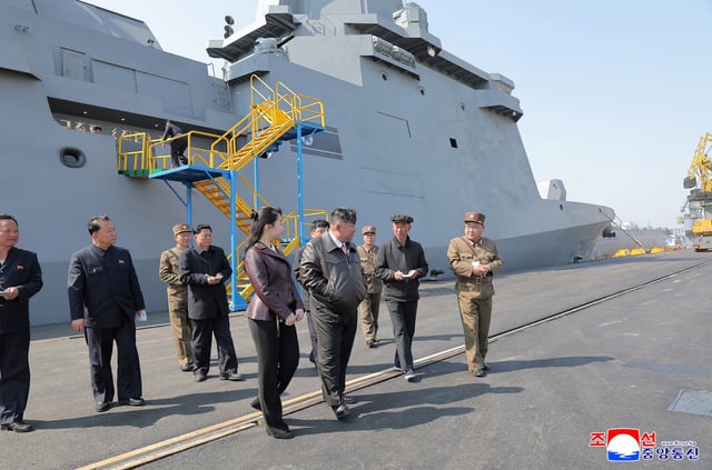North Korean leader Kim Jong Un and his daughter Kim Ju Ae attend what state media KCNA reported was a test-firing of the weapons system of the new "Choe Hyon-class" warship, in this picture released on April 30, 2025, by the Korean Central News Agency. KCNA via REUTERS