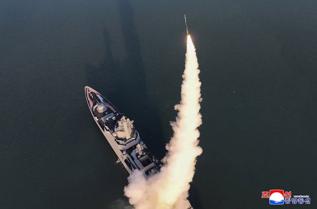 View of what state media KCNA reported was a test-firing of the weapons system of the new "Choe Hyon-class" warship, in this picture released on April 30, 2025, by the Korean Central News Agency. KCNA via REUTERS
