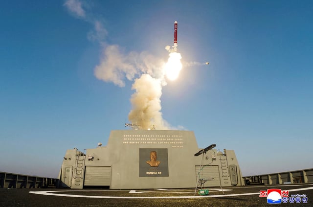 View of what state media KCNA reported was a test-firing of the weapons system of the new "Choe Hyon-class" warship, in this picture released on April 30, 2025, by the Korean Central News Agency. KCNA via REUTERS