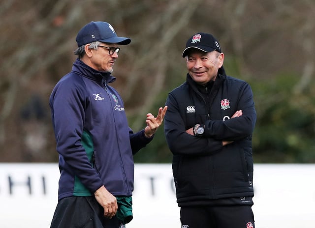 Rugby Union - Six Nations Championship - England Training - Pennyhill Park Hotel, Bagshot, Britain - February 20, 2019   England head coach Eddie Jones with London Irish head coach Les Kiss during training   Action Images via Reuters/Peter Cziborra/File Photo