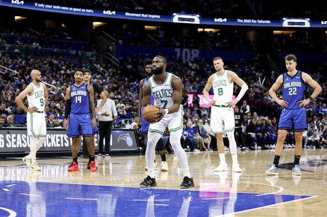 Jaylen Brown #7 of the Boston Celtics at the line to shoot a free throw during the first half in Game 3 of the first round of the 2025 NBA Playoffs against the Orlando Magic at the Kia Center on April 25, 2025 in Orlando, Florida. The Magic defeated the Celtics 95 to 93.